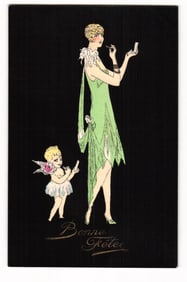 French Art Deco Postcard: "Bonne Fêtes" Woman Applying Makeup with Cupid, Etablissements