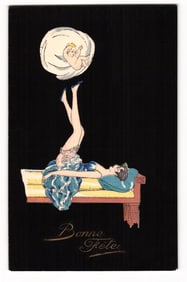Art Deco 'Bonne Fête' Postcard: Woman in Blue Dress Juggling Cherubic Baby with Feet, France