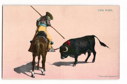Bullfighting Scene: Picador with Lance Facing Bull, "UNA VARA." Postcard, Series No. 1014/16