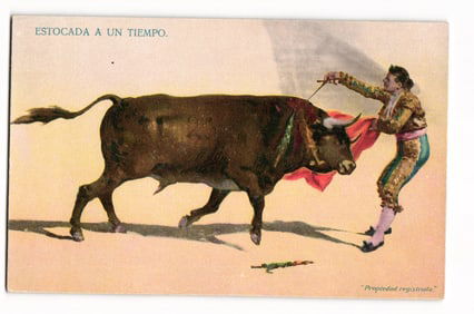 Bullfighting Scene Postcard: Matador's 'Estocada a un Tiempo', Propiedad Registrada Series 1014