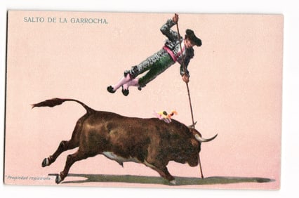 Salto de la Garrocha Bullfighting Scene, Matador Pole Vaulting Over Bull, Early 20th C. postcard