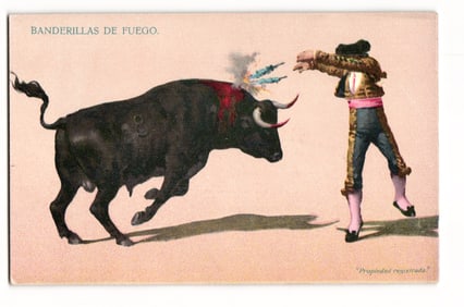 Colorized postcard depicting a bullfight, matador placing "Banderillas de Fuego" into a bull.