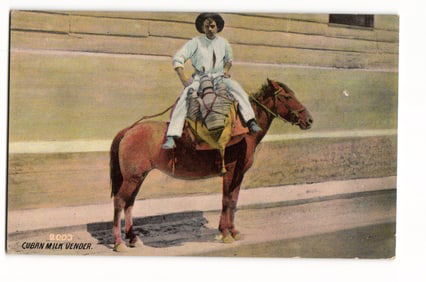 Cuban Milk Vender on Horseback, Havana, Cuba. Colorized Lithograph Postcard. Early 20th C.