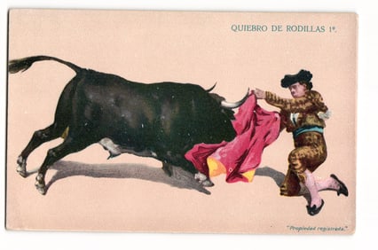 Bullfighting Postcard: Matador Performs Quiebro de Rodillas 1º, Color Lithograph Illustration
