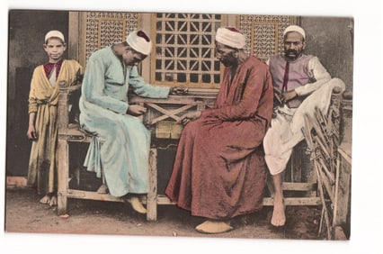 Egypt, Arabian Men Playing a Game, Youth Observing, Early 20th C. Colorized Postcard