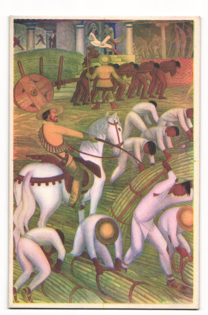 Diego Rivera Fresco "Cutting Sugar Cane" at Palacio de Cortes, Cuernavaca, Mexico, 1934 postcard: The image is a reproduction of a mural depicting a scene of labor, identified on the reverse as "CORTANDO LA CAÑA" (Cutting Sugar Cane), a fresco by Diego Rivera located at the Palacio de Cortes in C