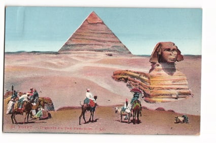 Egypt Postcard: Tourists on Camels and Donkeys at the Great Pyramid and Sphinx, Giza Plateau - LL