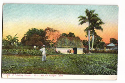 Color Lithograph Postcard: A Country House, Una casa de campo, Cuba, Figure, Palm Trees, Sunset.
