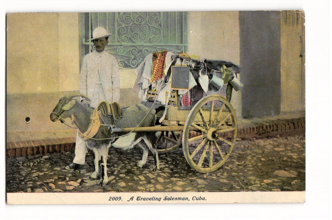 A Traveling Salesman with Goat Cart, Cuba Postcard, 1911 La Gloria Postmark, Colorized (1 of 2)