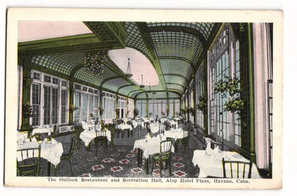 The Outlook Restaurant and Recreation Hall, Atop Hotel Plaza, Havana, Cuba. Colorized Postcard.