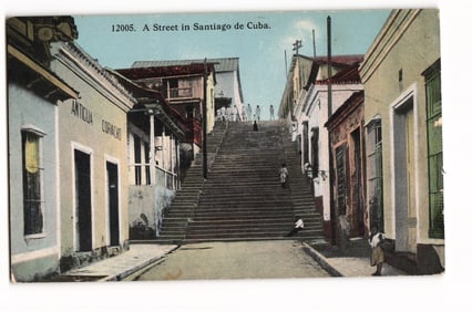 Street Scene with Grand Staircase, Santiago de Cuba, Early 20th Century Colorized Postcard