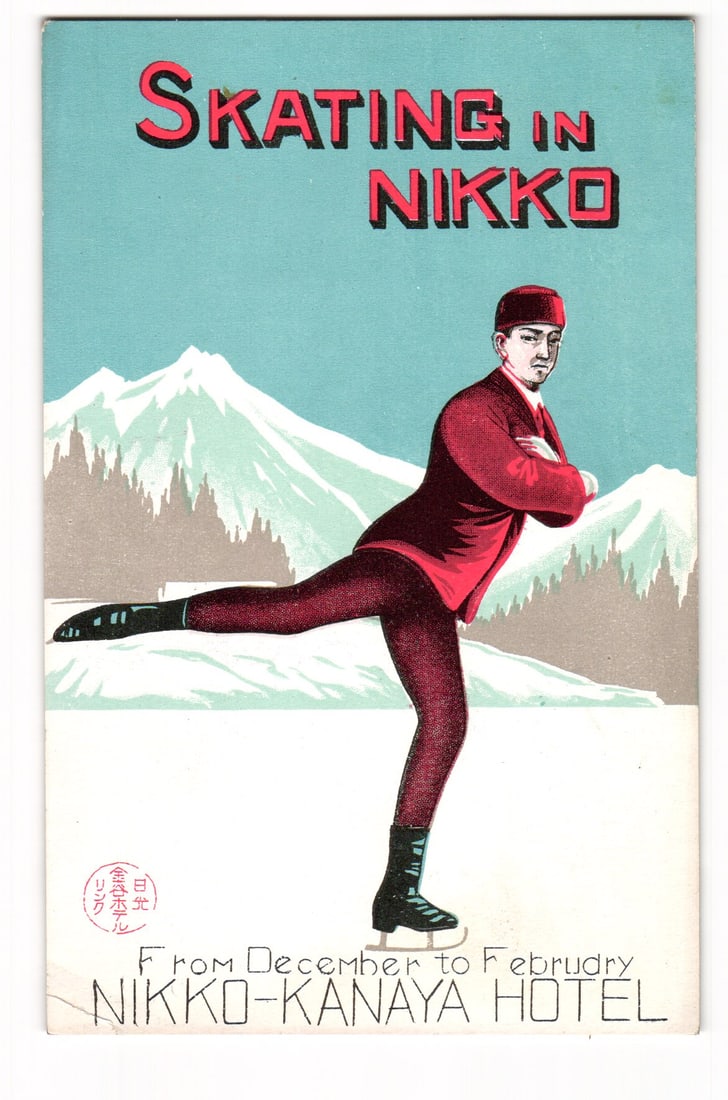 Postcard: Skating in Nikko, Nikko-Kanaya Hotel, From December to Februdry Advertisement: An early 20th century original antique postcard featuring an illustrated figure ice skating in profile facing left. The skater wears a red close fitting suit a red brimless cap and black ice skates wi