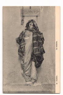 Fabrés 'La esclava' The Slave Woman, Draped Costume, Sepia Photograph Postcard Lacoste Madrid: A full-length sepia-toned photograph, taken from a slightly low-angle perspective, depicts a centrally framed woman standing, facing slightly left, with her head tilted back and mouth open. She wears
