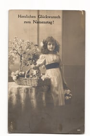 German 'Happy Name Day' Postcard: Young Girl with Flowers, RPPC Mailed to New York, ca. 1912