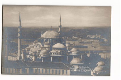 Constantinople, Turkey: Panoramic View of Süleymaniye Mosque, Ottoman Architecture RPPC Postcard.