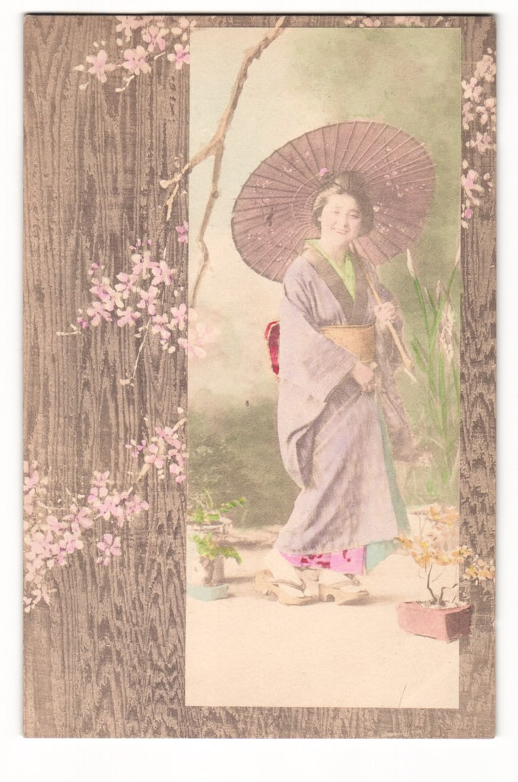 Japanese Woman in Kimono with Parasol, Cherry Blossoms, Hand-Tinted Artistic Portrait Postcard (1 of 2)