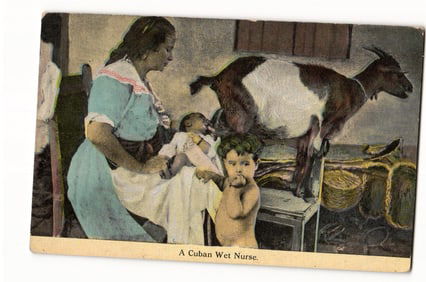 Cuban Wet Nurse with Infant, Child, and Goat, early 20th Century colorized photograph