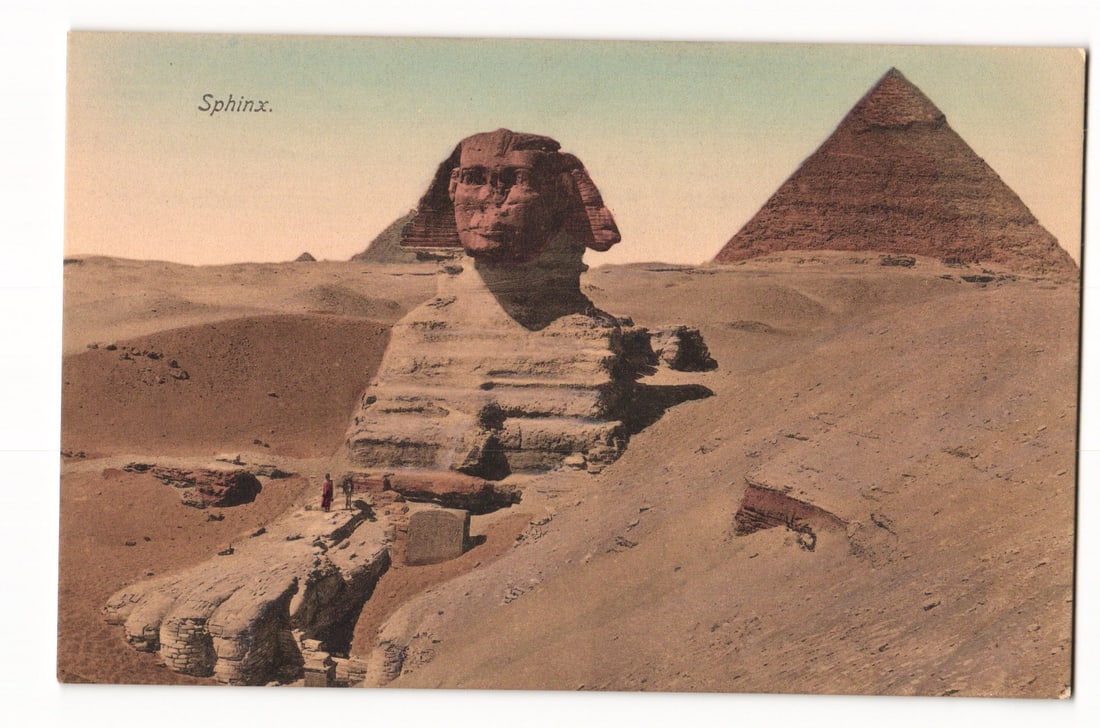 Antique Egyptian Postcard: The Great Sphinx of Giza with Pyramid, Colorized Photo, Cairo Publ. (1 of 2)