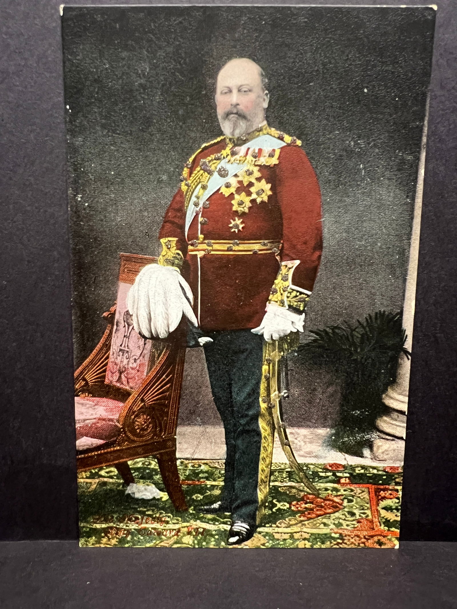 King Edward VII Portrait Postcard, Military Uniform with glittered adornments, Valentine's Series, (1 of 7)