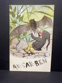 AKSARBEN Gnome and Bat Illustration Postcard with Glitter, Early 20th C., Serie 255, Multi-Lingual