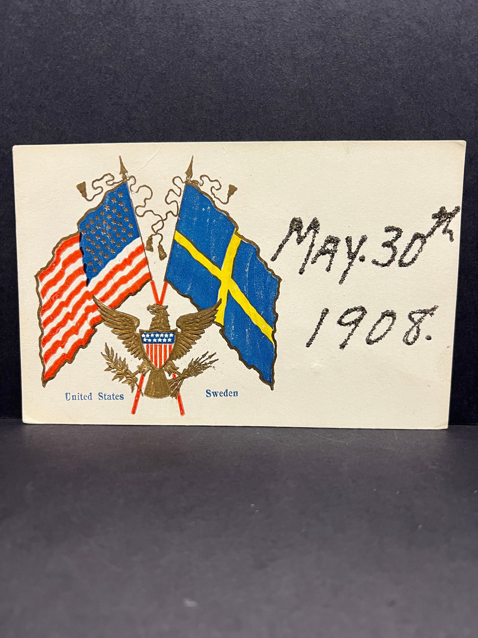 Postcard: Crossed USA & Sweden Flags, Eagle Emblem, Hand-Applied Glitter Date "MAY. 30th (1 of 3)
