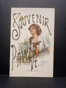 Souvenir Paw Paw Vt. Postcard, Woman with Flowers, "Signs of Spring", Harrison, USA, c. Early 20th