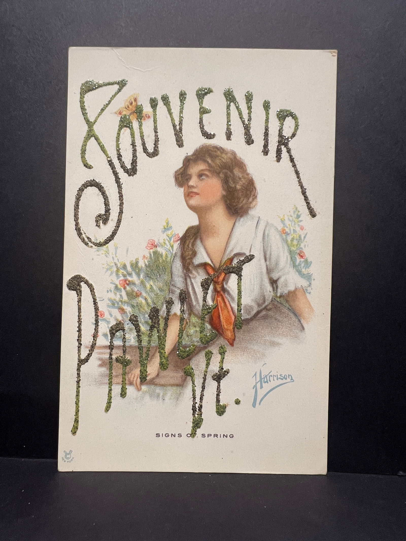 Souvenir Paw Paw Vt. Postcard, Woman with Flowers, "Signs of Spring", Harrison, USA, c. Early 20th (1 of 2)