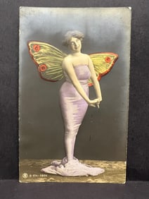 Very Rare Die Cut Embossed German Postcard Depicting Fairy Woman in Lavender Dress with Butterfly