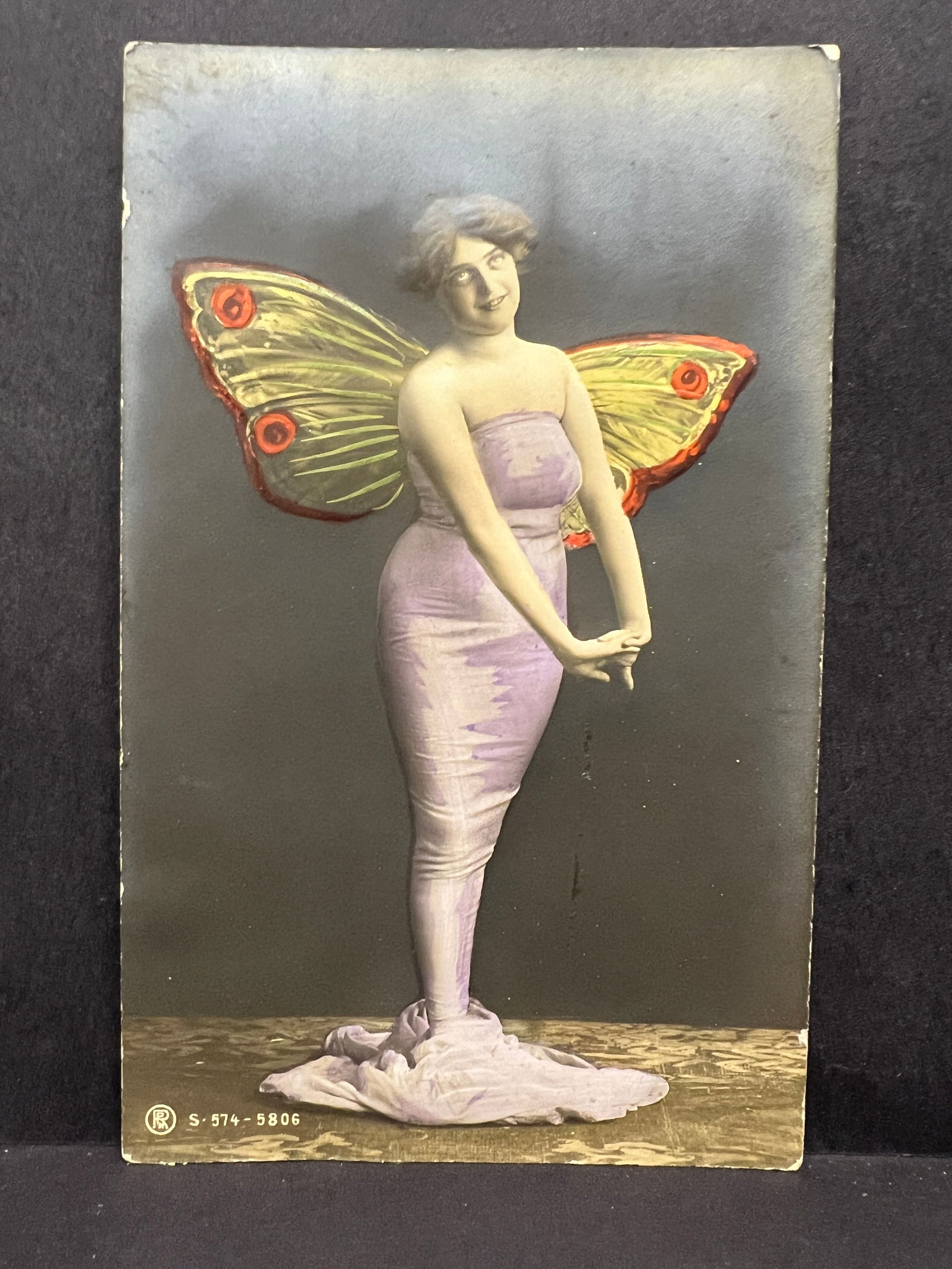 Very Rare Die Cut Embossed German Postcard Depicting Fairy Woman in Lavender Dress with Butterfly (1 of 4)