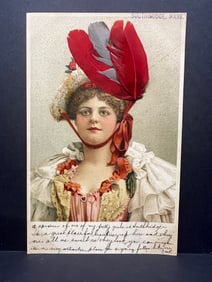 Very Rare Feather?Adorned Portrait of a Southbridge Belle in Bonnet – Early 20th C.