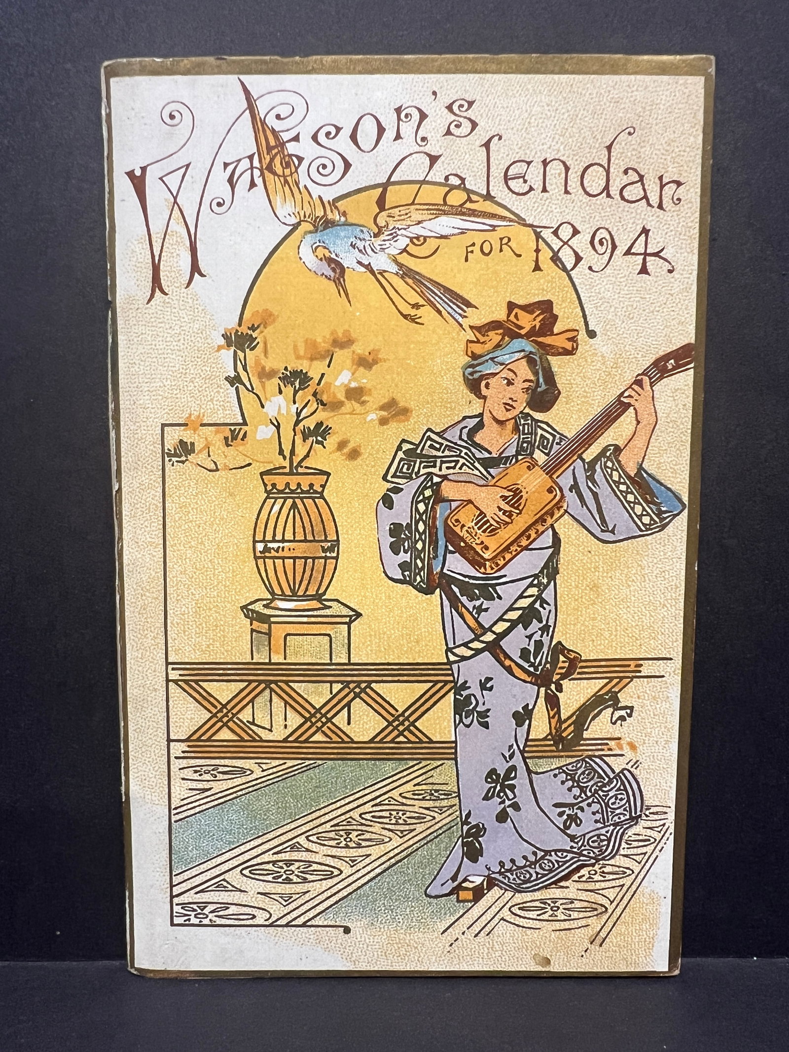 Watson’s Calendar for 1894, Hong Kong pharmaceutical trade advertising booklet with embedded: Original advertising booklet titled Watson’s Calendar for 1894, produced by A.S. Watson & Co., Limited, a prominent wholesaler and retailer in Hong Kong, China, and Manila. The colorful chromolithog