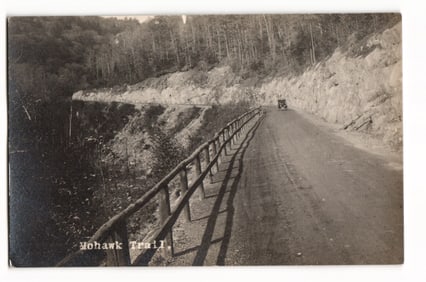 Mohawk Trail RPPC Postcard Automobile on Road Curve Wood Railing Massachusetts USA ca. 1910s-20s