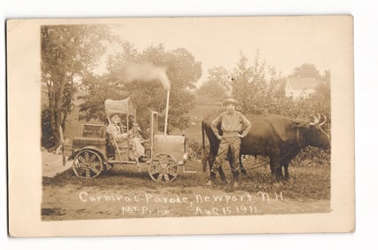 RPPC Postcard: Newport, NH Carnival Parade 1st Prize Winner, "Buick" & Ox, Aug 15 1911, USA