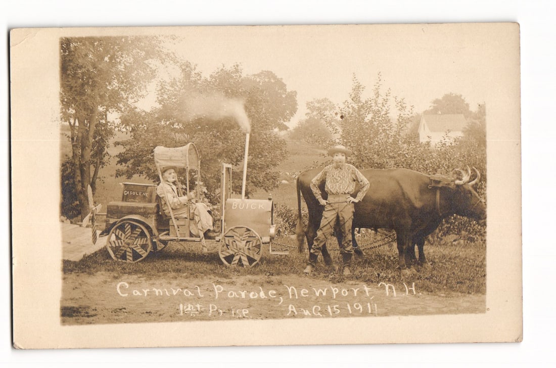 RPPC Postcard: Newport, NH Carnival Parade 1st Prize Winner, "Buick" & Ox, Aug 15 1911, USA (1 of 2)