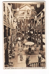 Lobby Many Glacier Hotel, Glacier National Park, Hileman RPPC Postcard with Lanterns USA