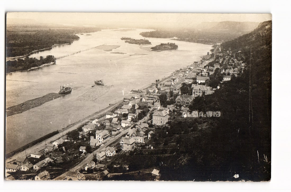 RPPC Alma, Wisconsin, Aerial View Showing Mississippi River and Steamboats, c. 1904-1918 USA (1 of 2)