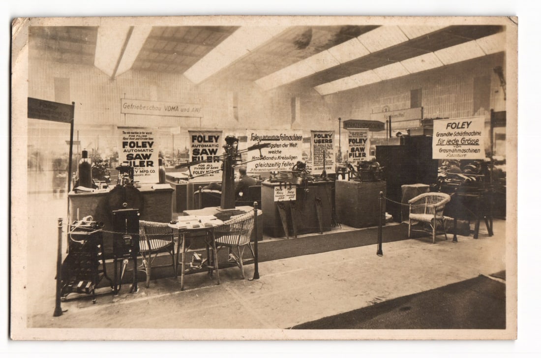 RPPC Foley Mfg. Co. Exhibit, Saw Filers & Grinders, Leipzig Fair, Germany, March 1930 (1 of 2)