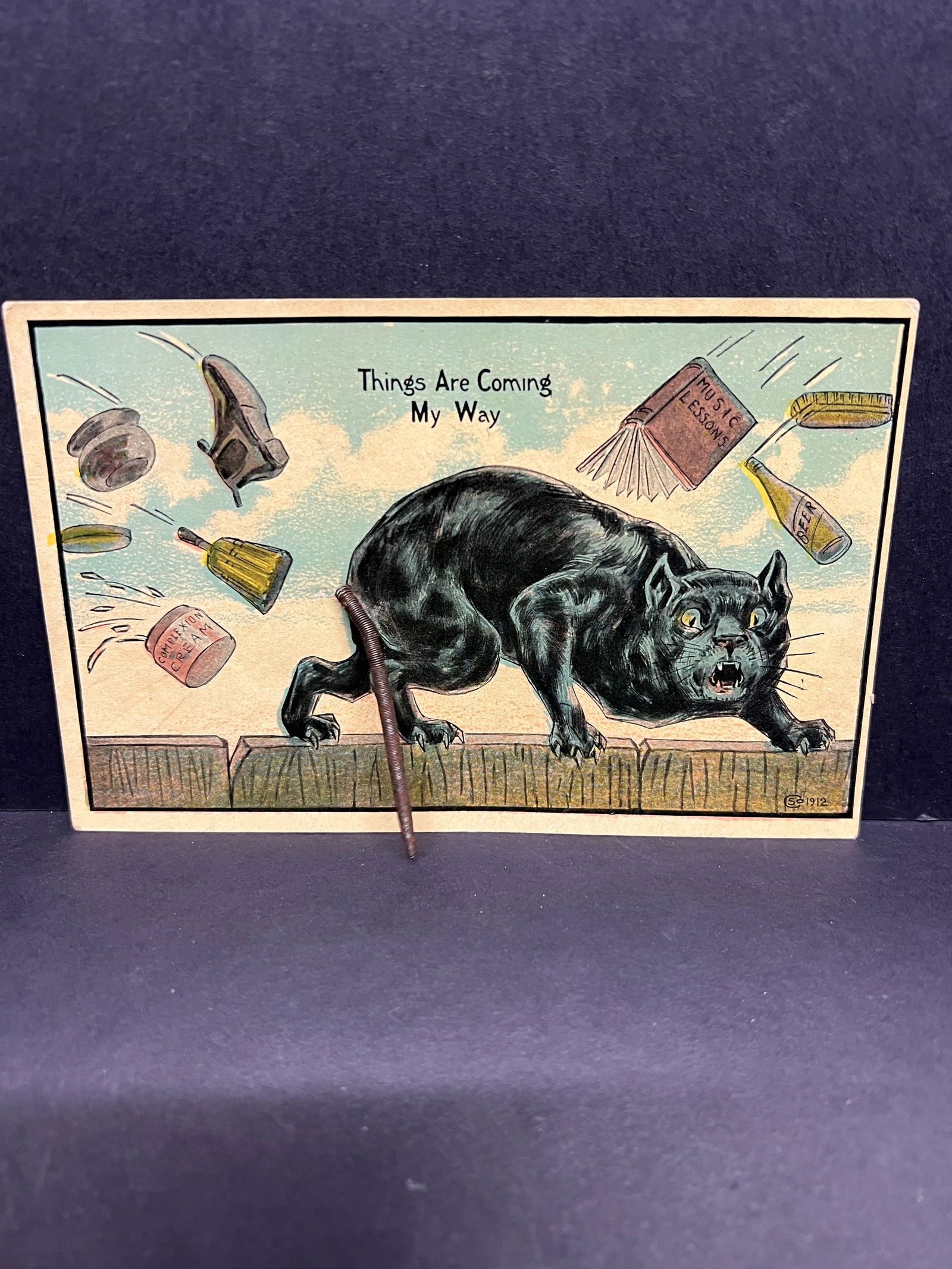 Mechanical Black Cat Comic Postcard with Real Spring Tail, “Things Are Coming My Way" 1912 (1 of 3)