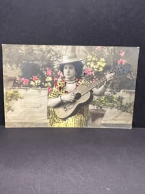 Hand-Tinted Spanish Performer Postcard with Crushed Mica Glitter Embellishments, Solsona, c. 1904