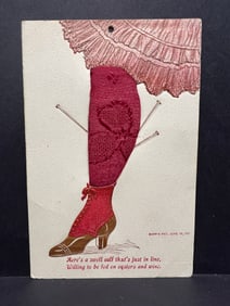 Humorous Fabric Appliqué Postcard, Woman's Leg & Stocking, Barr's Patent 1907, USA Origin