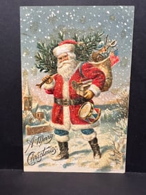 Santa Claus with Toys & Tree Textured Embossed Christmas Postcard, J.I. Austen Co., USA 1906.
