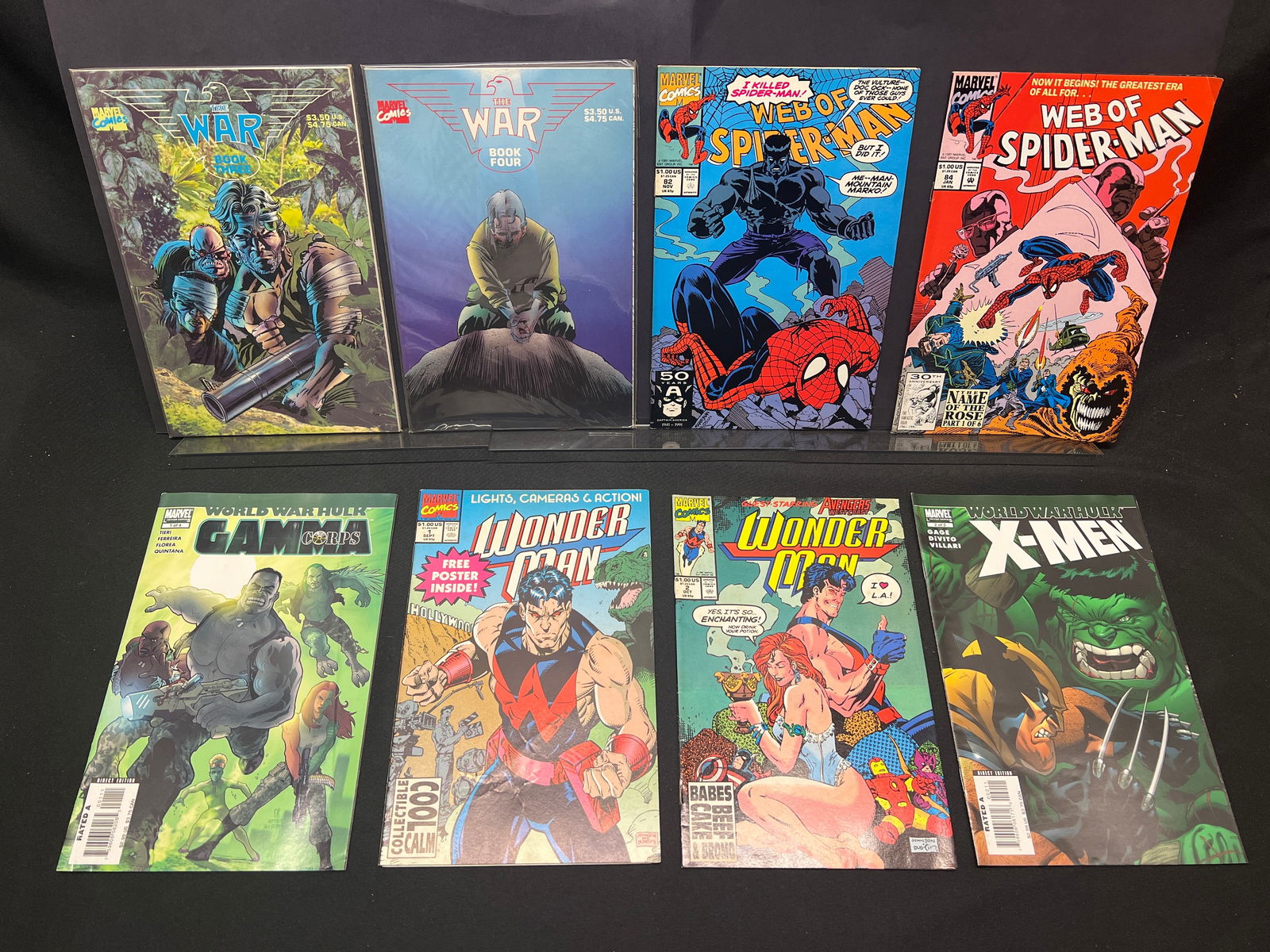 Lot of Assorted Marvel Comic Books, feat. Web of Spider-Man, World War Hulk, Wonder Man, The War: This collection of Marvel comic books includes two issues from 'The War' limited series, Book Three and Book Four. Also present are two issues of 'Web of Spider-Man': #82, where Man-Mountain Marko cla