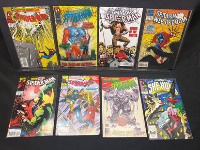 Lot of Marvel Comic Books: Spider-Man #40,41,49, Spectacular SM #229,230, ASM, Web of Doom, She-Hulk: This collection presents a selection of Marvel comic books, primarily centered around Spider-Man. Included are issues from the main *Spider-Man* title such as #40 ("Light the Night," noted as "The Epi
