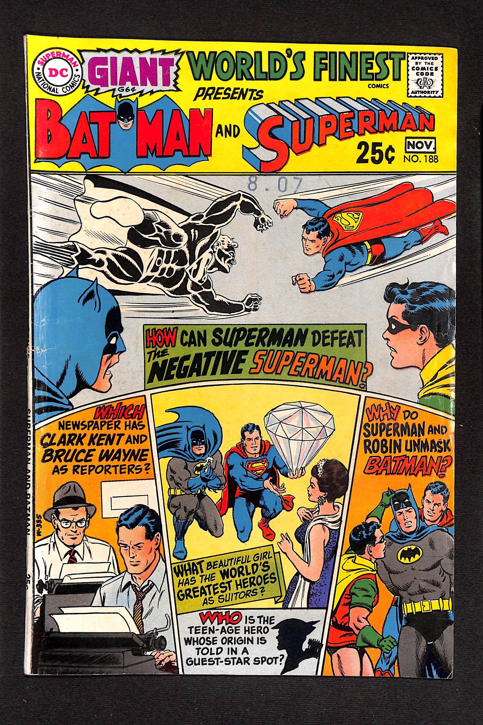 World’s Finest Comics #188 October 1969, DC Comics, Curt Swan, Dick Sprang, Ed Herron, Bill Finger: World’s Finest Comics #188 published by DC Comics in October 1969. Curt Swan, Dick Sprang, Jim Mooney and Lee Elias art. Ed Herron, Bill Finger, Robert Bernstein and Edmond Hamilton writers. E. Nels