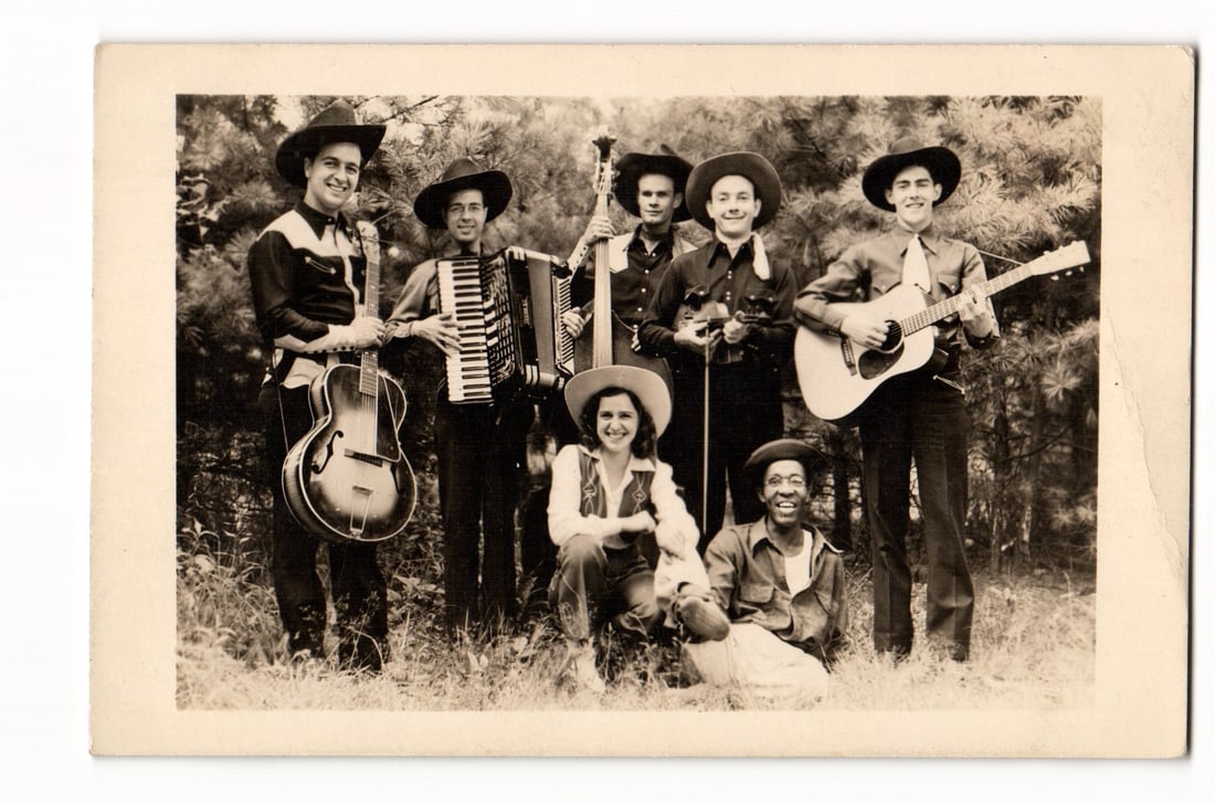 RPPC Postcard of Duke and his Swingbillies - Mid 20th C. Portsmouth New Hampshire Group: A black and white real photo postcard of Duke and his Swingbillies. Michael J. Pelillo, known professionally as “Duke,” was the leader of the country and Western swing group Duke and His Swing