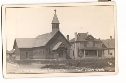 Twin Falls, Idaho: Episcopalian Church and Rectory. RPPC Postcard by Photographer Thos. Martin.