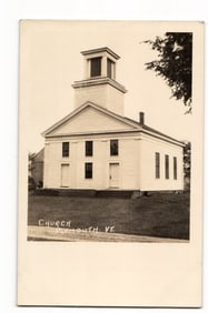 Real Photo Postcard of a White Clapboard Church with Bell Tower in Plymouth, Vermont (VT)