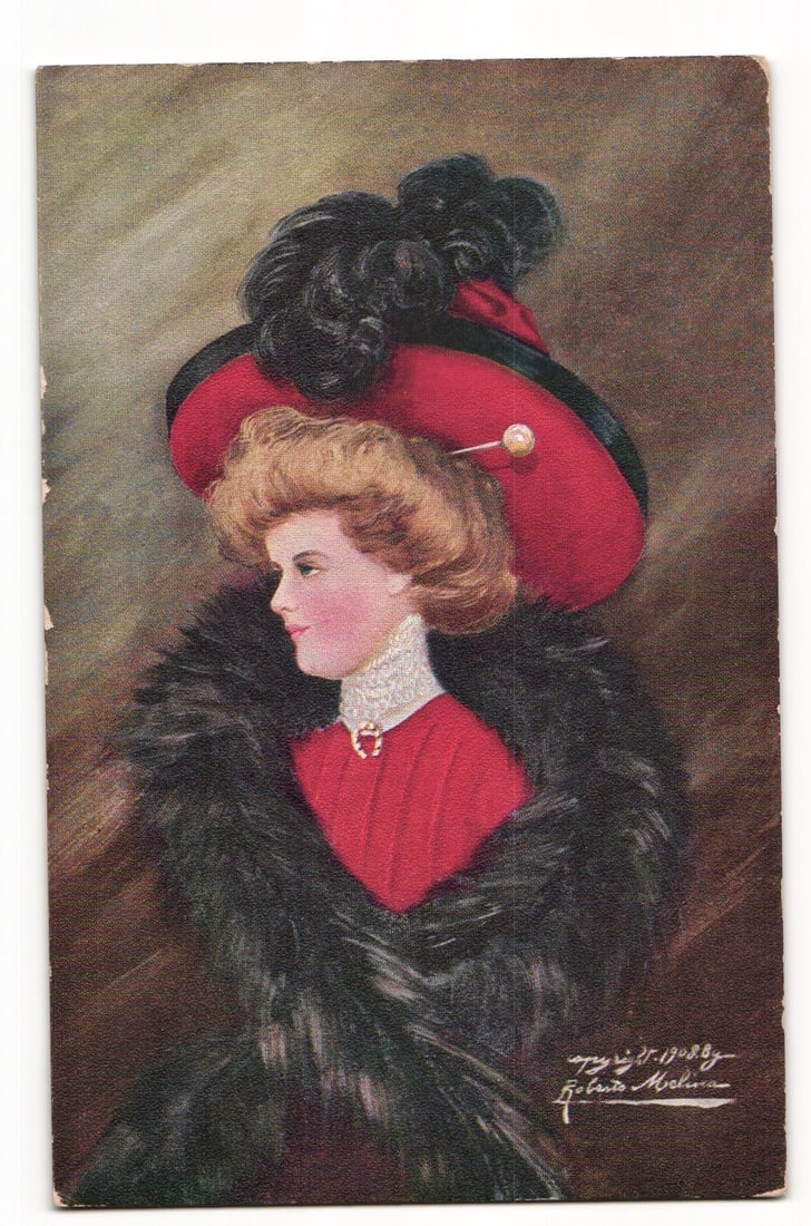 Postcard: Portrait of a Woman in Elaborate Red Hat and Fur Stole, by Doty & Roberto Melina: A color illustration depicting a woman in profile, facing left. She wears a large, wide-brimmed red hat adorned with black plumes or feathers, secured with a prominent hatpin featuring a light-colored