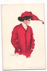 1909 Pearle E. Fidler Art Postcard: Woman in Red Cardigan & Cap, Edward Gross Poster No 42