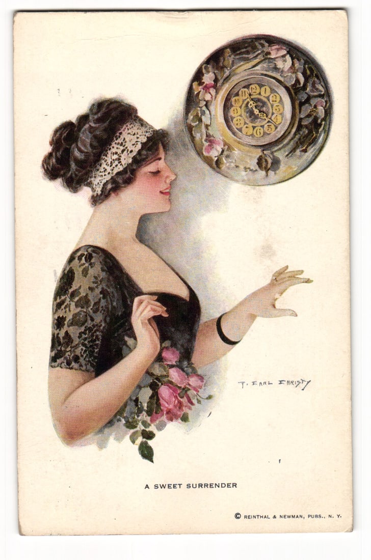 T. Earl Christy "A Sweet Surrender" Woman with Roses & Clock Postcard, Reinthal & Newman, 1913: A color illustration shows a woman in profile, her dark hair styled in an updo and adorned with a lace headband. She wears a dark, patterned, low-cut dress and a dark band on her left wrist, holding a